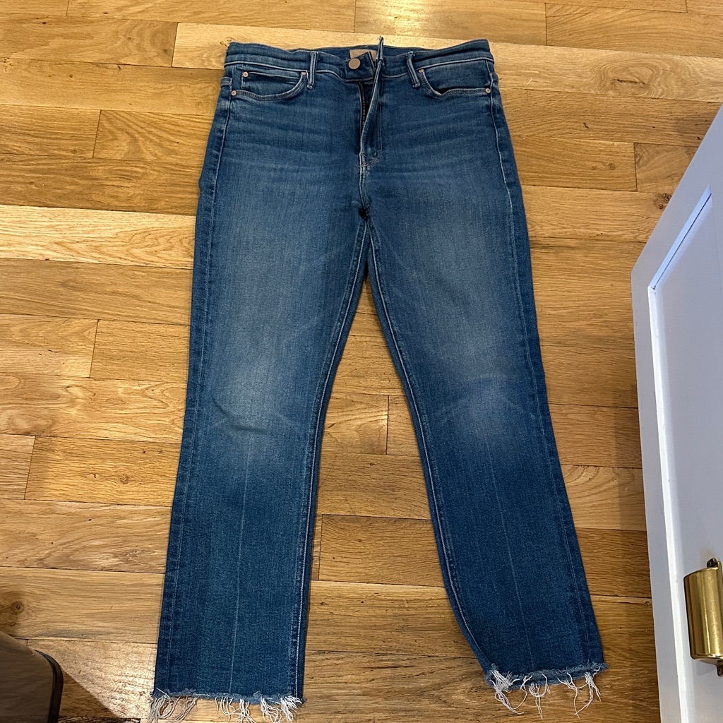 Mother Dark Blue Cropped Jeans With Frayed Hem